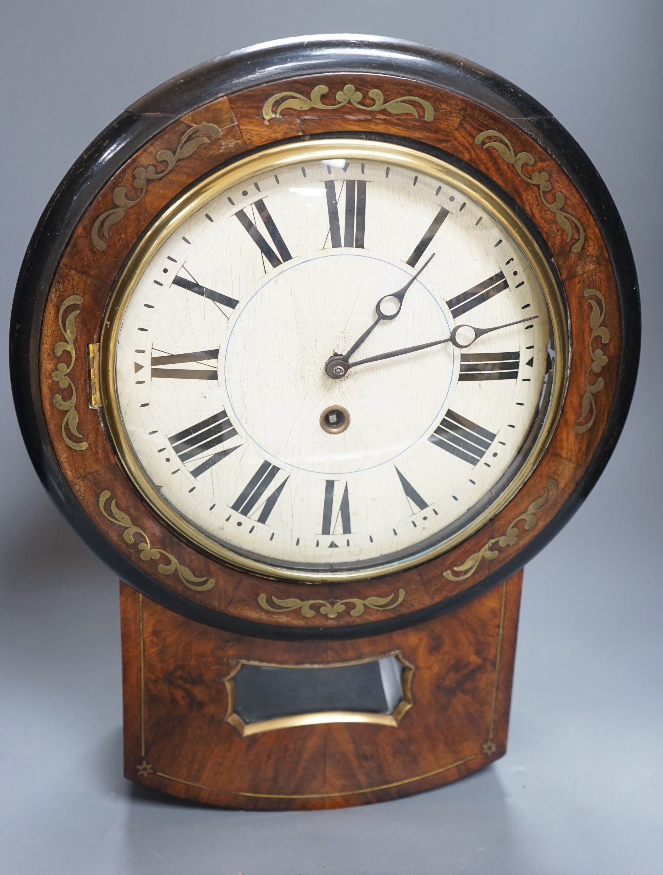 A 19th century Black Forest walnut and brass inlaid wall dial timepiece, 44cm high